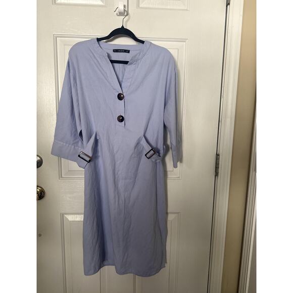 Zara Dress Womens XL Blue Belted Shirt Midi Henley 3/4 Sleeve Work Office - Picture 4 of 8